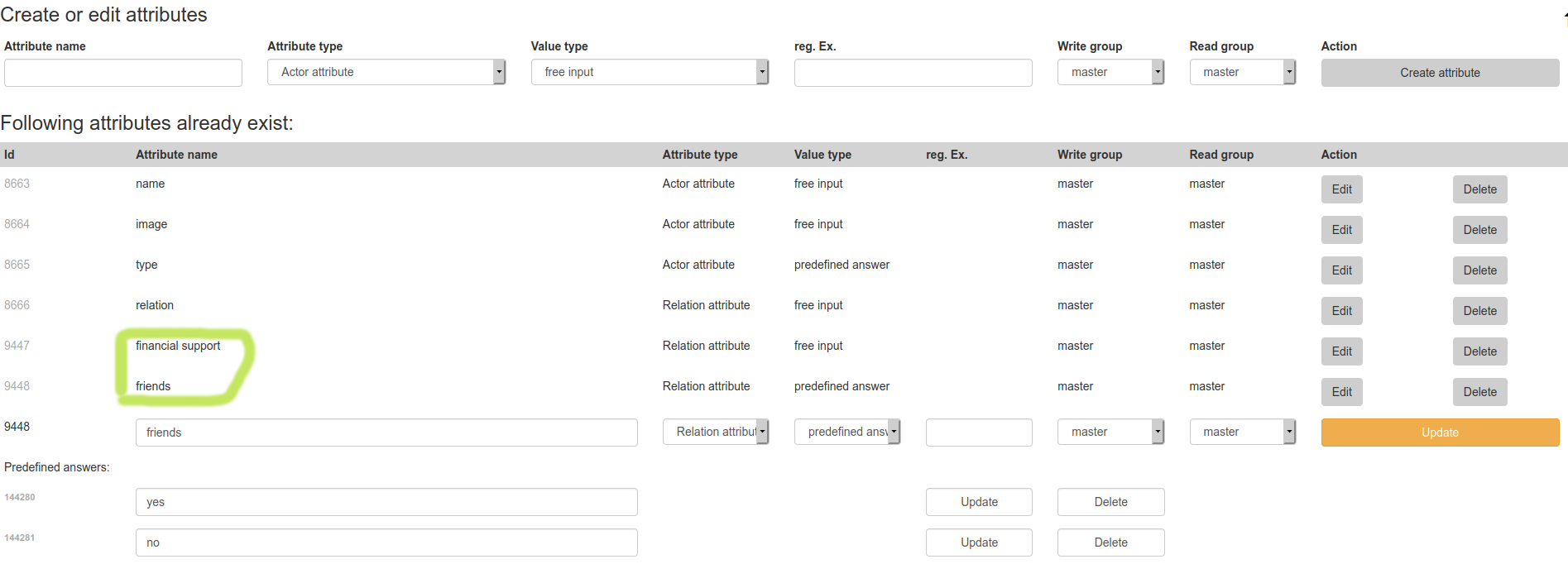 Attributes for the import