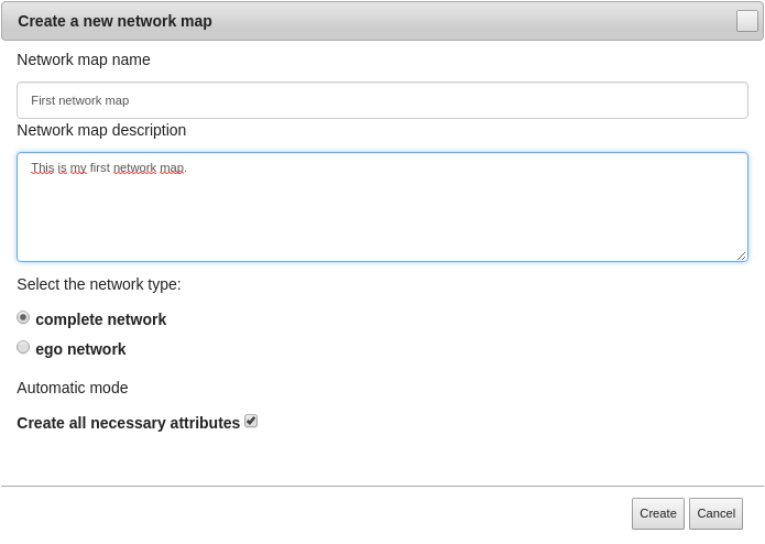 Dialog for creating a new network map with name and description content